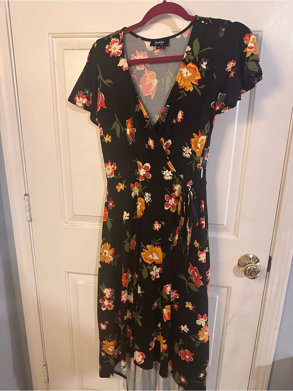 Augustine Floral Wrap Dress - Black with Yellow & Red Flowers